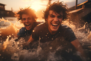 Surf sonrisa amigos divirtiendose fotografia estilo gopro atardecer - Deportes acuáticos oceano - obrazy, fototapety, plakaty
