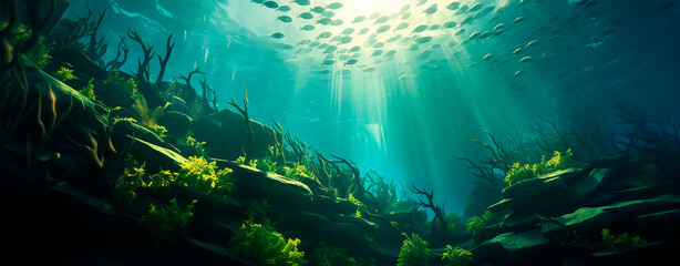 Paisaje submarino - Arrecife de coral - Fondo marino peces algas - Agua oceano 