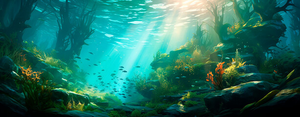 Paisaje submarino - Arrecife de coral - Fondo marino peces algas - Agua oceano  - obrazy, fototapety, plakaty