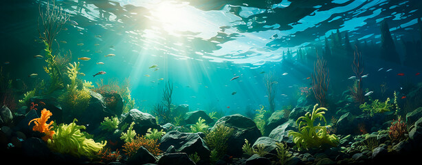 Paisaje submarino - Arrecife de coral - Fondo marino peces algas - Agua oceano  - obrazy, fototapety, plakaty