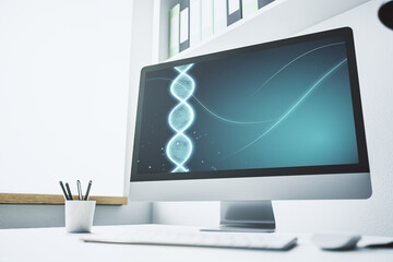 Creative concept with DNA symbol illustration on modern laptop screen. Genome research concept. 3D Rendering