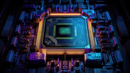 Obraz premium A close up of a computer motherboard (super GPU) with neon colors.