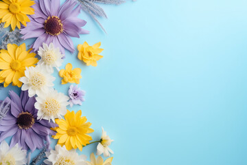 Flowers composition, Yellow and purple flowers on pastel blue background, Spring, easter concept, Flat lay, top view, copy space, aesthetic look