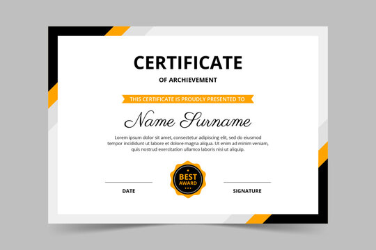 Modern elegant black and yellow certificate template. Appreciation for business and education. Vector illustration