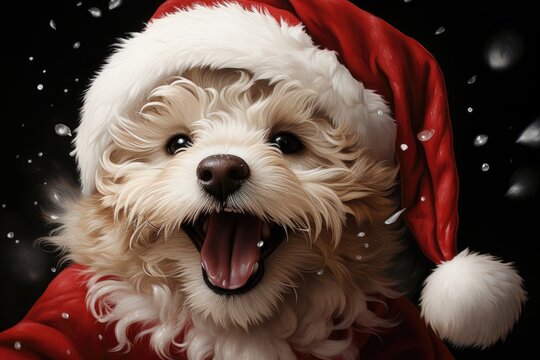 In this delightful Christmas-themed image, an excited puppy wears a charming Santa hat against a black background, exuding holiday cheer and playfulness. Photorealistic illustration