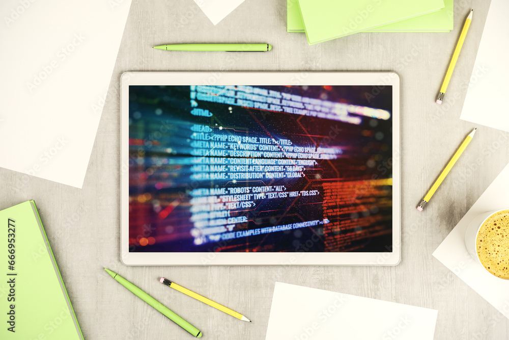 Leinwandbilder top view of modern digital tablet monitor with abstract programming language hologram, artificial in