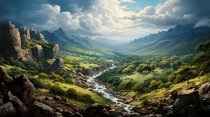 Paisaje montañoso con arboles - Naturaleza, rio, nubes - Bosque piedras, valle - obrazy, fototapety, plakaty