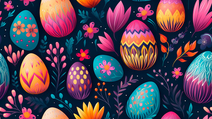 Huevos de pascua patron - Primavera ilustracion plantas y flores  - obrazy, fototapety, plakaty
