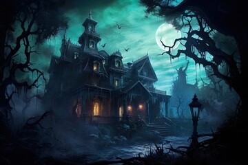 Full moon shines over a creepy haunted house. Great for stories of horror, Halloween, October, spooky, witchcraft and more. 