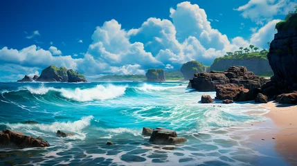 Fototapeten Playa tropical oceano - Rocas y arena paisaje nubes - Mar playa vacaciones © Carmen