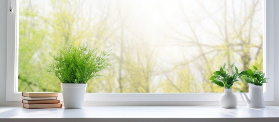 Empty desk with plant and springtime window