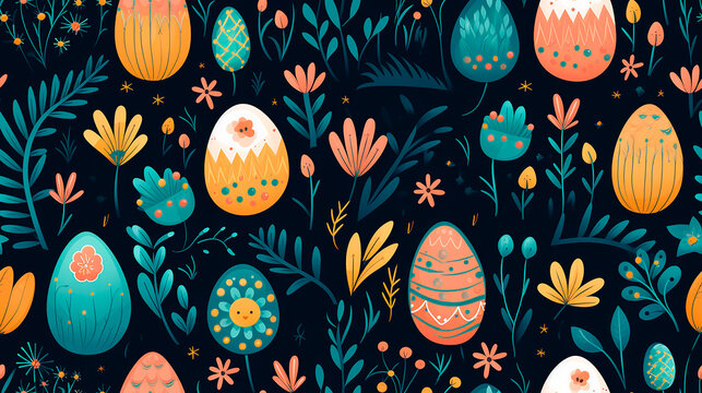 Huevos de pascua patron - Primavera ilustracion plantas y flores 