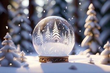 An enchanting background image for creative Christmas content featuring a snow globe with a snow-covered forest inside, nestled in the midst of a snow-covered forest. Photorealistic illustration - obrazy, fototapety, plakaty