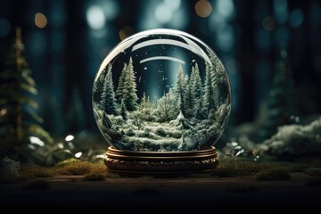 A charming snow globe, nestled within a forest, reveals a miniature winter wonderland with a forest scene inside, offering a delightful blend of nature and enchantment. Photorealistic illustration