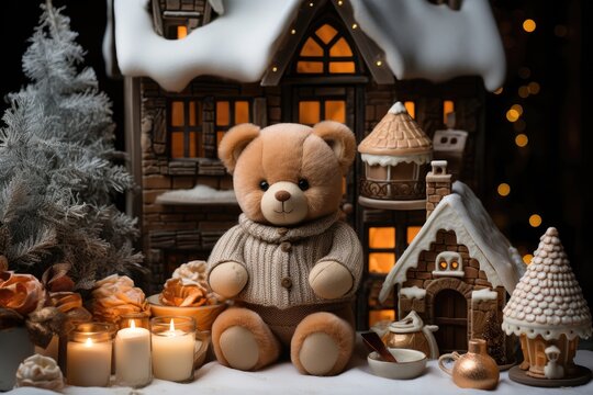 A background image for creative Christmas content featuring a teddy bear surrounded by Christmas decorations, perfect for adding nostalgia to your holiday-themed projects. Photorealistic illustration