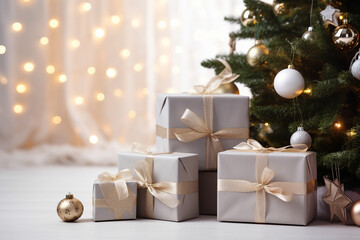Fototapeta na wymiar Stunning Christmas Gift Boxes Near Fir Tree in Room - Created with Generative AI Tools