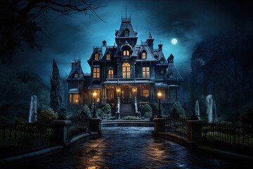 Full moon shines over a creepy haunted house. Great for stories of horror, Halloween, October, spooky, witchcraft and more. 