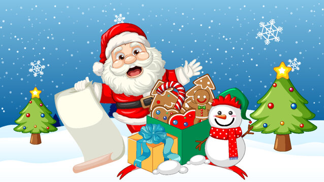 Happy Santa with Gift Box and Snowman in Winter Landscape
