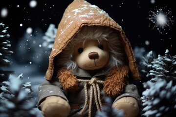 A background image for creative Christmas content, showcasing a bundled teddy bear seated outside in the snowy landscape, eagerly awaiting a magical moment. Photorealistic illustration