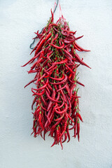 Red chili peppers are hanged on the wall. We dry the long red pepper by hanging it in the shade. Long red peppers drying on the walls. 
Cukuroren Village, Bilecik Türkiye.