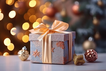 Elegant Christmas Gift Box with Golden Decorations on Festive Tree Background - Created with Generative AI Tools