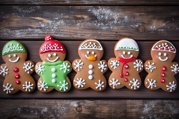 Vibrant Christmas Gingerbread Snowman and Cookies on a Rustic Wooden Table - Created with Generative AI Tools