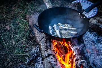 Camp and with preparing food on campfire in wild camping.	