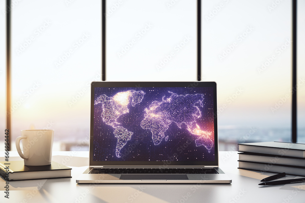 Aufkleber abstract graphic world map on modern laptop screen, connection and communication concept. 3d renderi