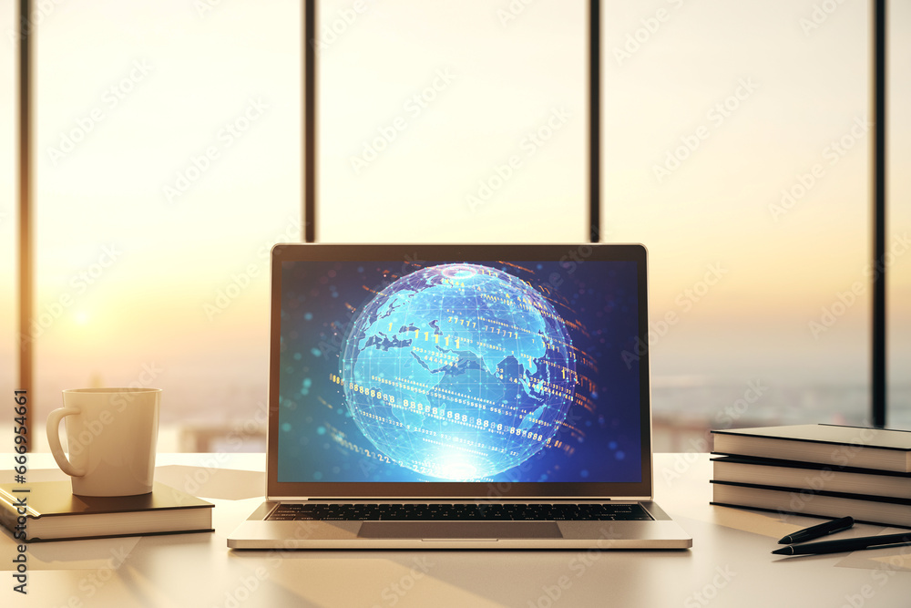 Leinwandbilder modern computer monitor with abstract programming language with world map, research and development 