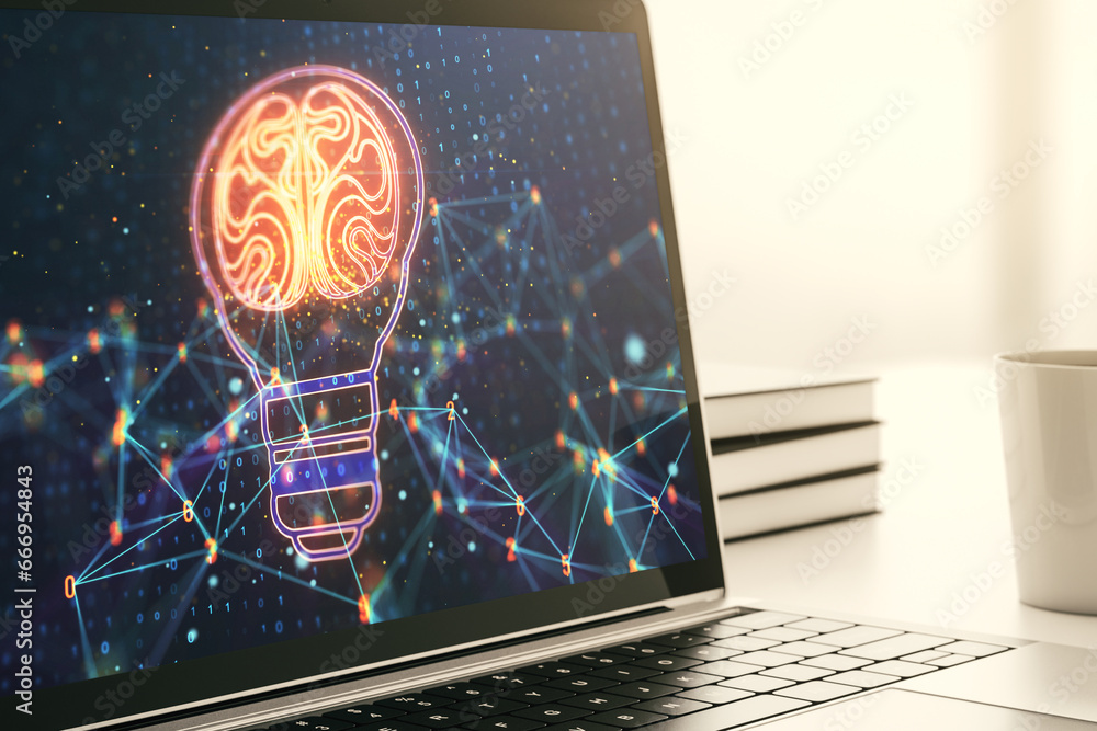 Poster Creative idea concept with light bulb and human brain illustration on modern laptop screen. Neural networks and machine learning concept. 3D Rendering
