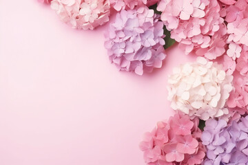 Flowers composition, Hydrangea flowers on pastel pink background, Flat lay, top view, copy space, aesthetic look
