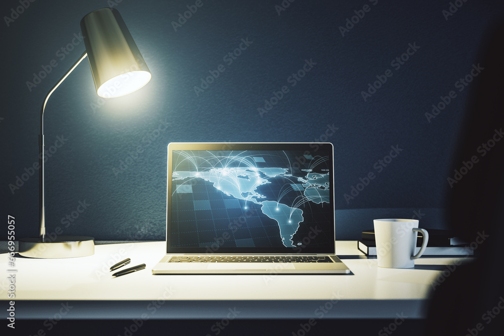 Fototapete abstract digital world map with connections on modern computer monitor, big data and blockchain conc