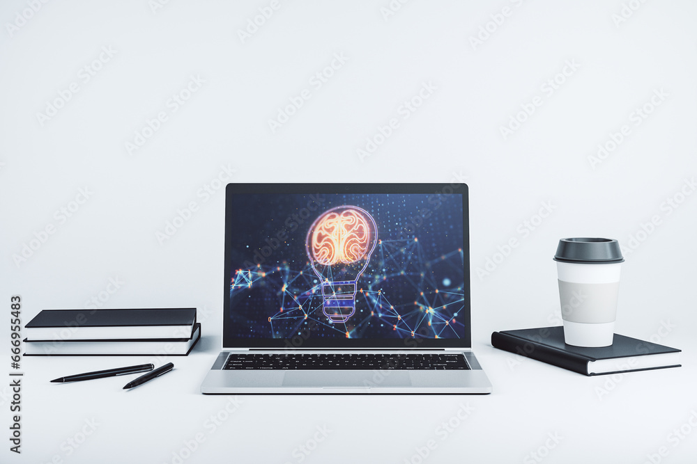 Poster Creative light bulb with human brain hologram on modern laptop monitor, artificial Intelligence and neural networks concept. 3D Rendering