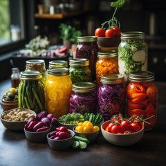 variety of fermented vegetables in transparent jars on a modern kitchen, trendy probiotic food.