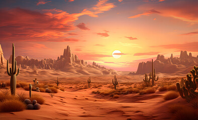 A desert landscape with cacti and sand dunes against a sunset sky. - obrazy, fototapety, plakaty