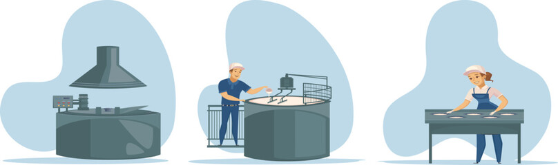 Dairy factory  illustration set. Characters make facilities milking apparatus cows, people and delivery production.