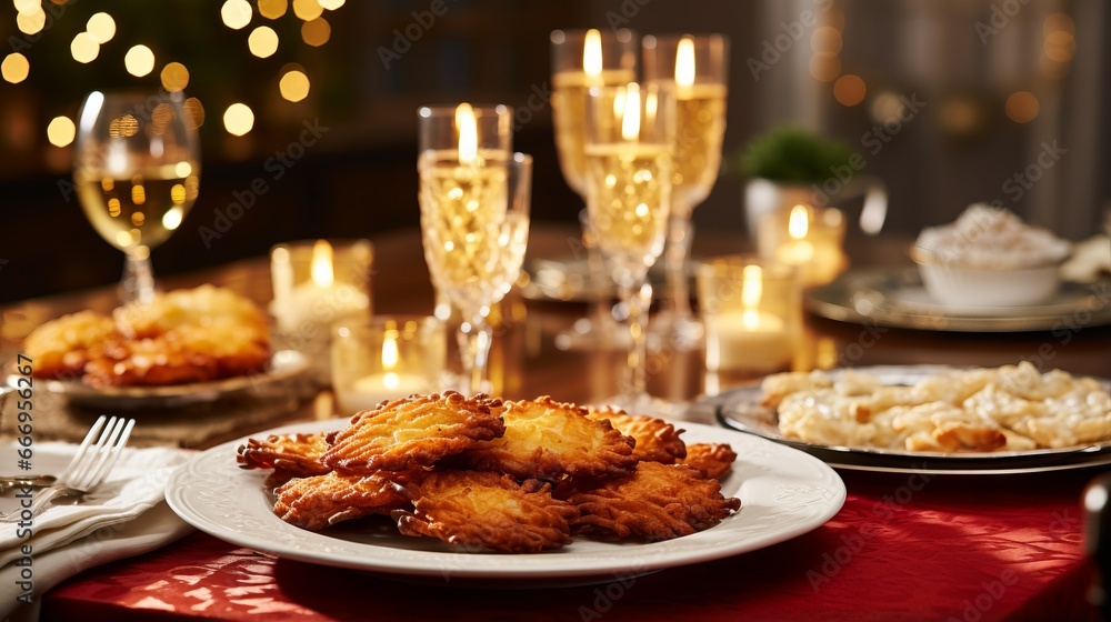 Poster a hanukkah table setting with menorah and latkes
