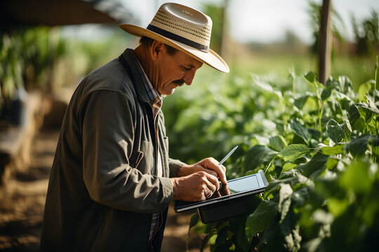 A modern farmer in a corn field using a digital tablet to review harvest and crop performance, ESG concept and application of technology in contemporary agriculture practices