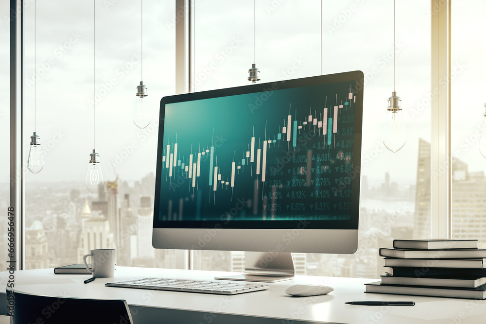 Poster modern computer screen with abstract creative financial chart, research and analytics concept. 3d re