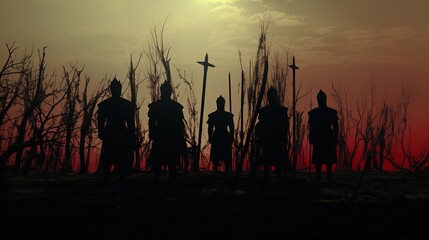 Fototapeta na wymiar Silhouette of knights in the setting sun. Great for stories about history, warfare, RPG, armor, medieval era and more. 