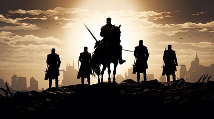 Silhouette of knights in the setting sun. Great for stories about history, warfare, RPG, armor, medieval era and more. 