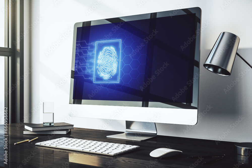 Poster abstract creative fingerprint concept on modern laptop screen. 3d rendering
