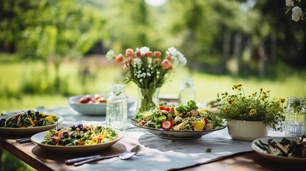 A garden party table with fresh salads and herbs - obrazy, fototapety, plakaty