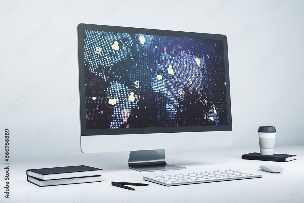 Fototapete Modern computer monitor with social network icons concept with world map. Marketing and promotion concept. 3D Rendering