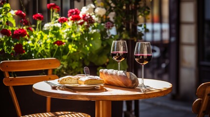 A French bistro table with wine and baguettes