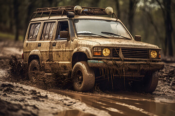 Off-road driving. The vehicle drives through mud.