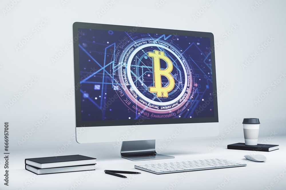 Poster Creative Bitcoin concept on modern laptop screen. 3D Rendering