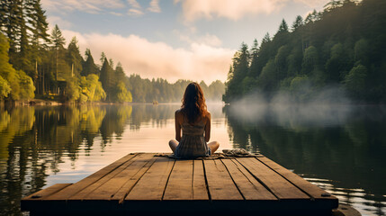 young woman practicing meditation and yoga, mindfulness and meditation in a peaceful natural environment - obrazy, fototapety, plakaty