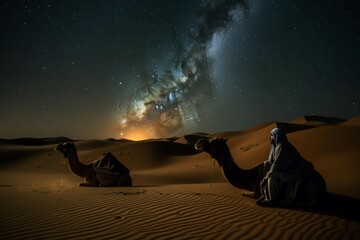 Camels amidst desert veil night. Bedouin caravan in dark desert with nebula sky. Generate ai