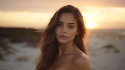 Fototapeta na wymiar Portrait beautiful young girl at sunset